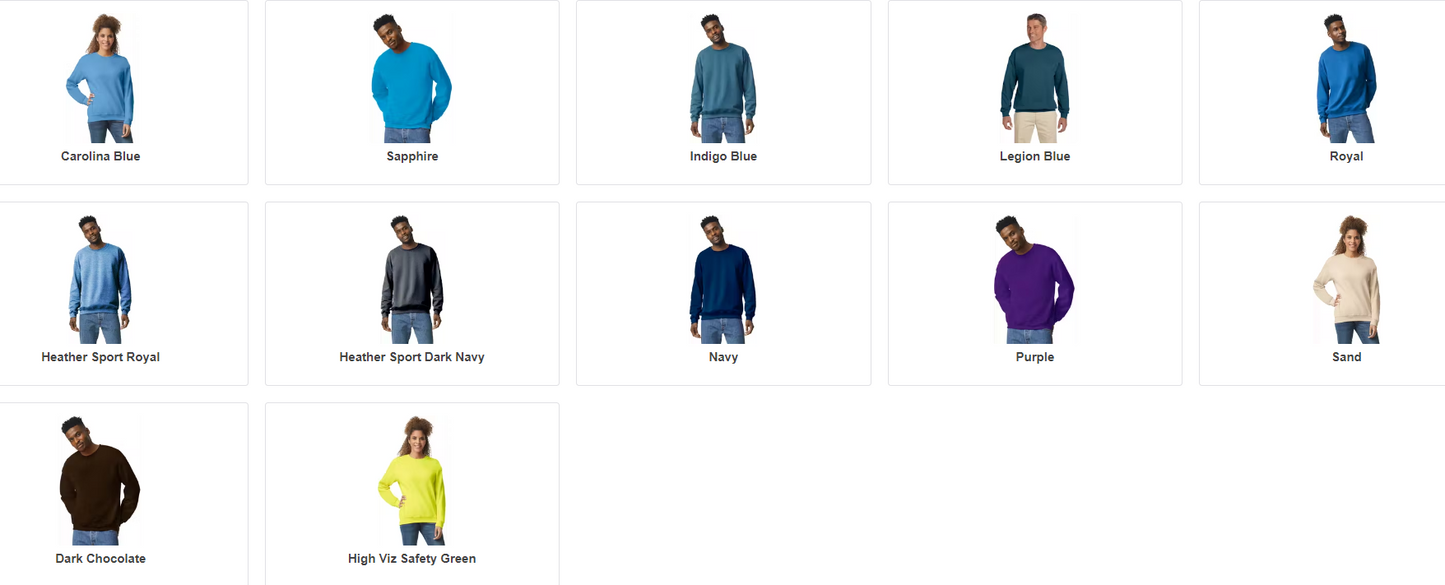 Adult Crew Neck Color Chart