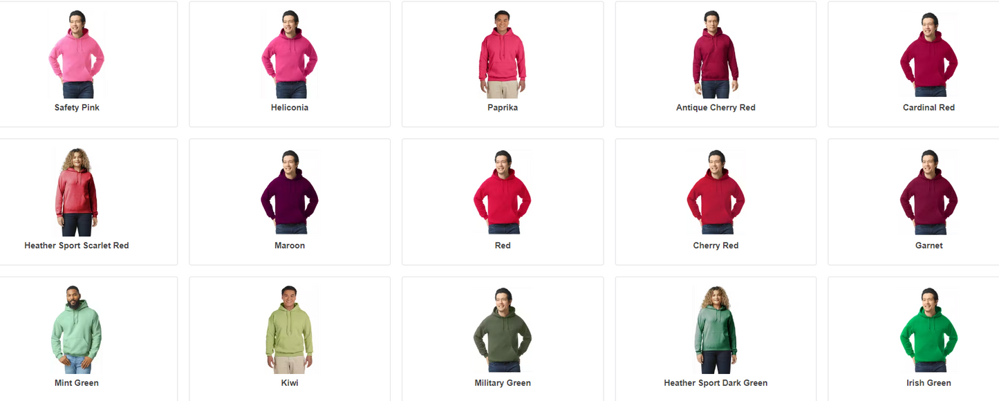 Adult Hooded Sweatshirt Color Chart