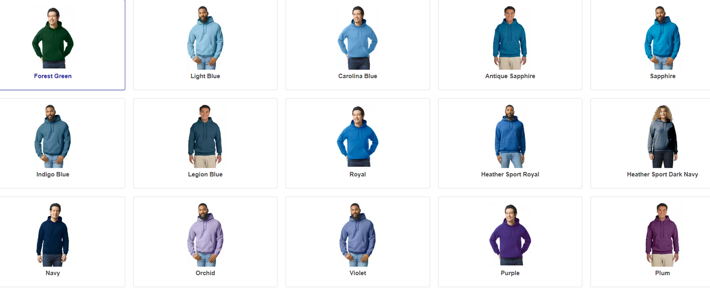 Adult Hooded Sweatshirt Color Chart