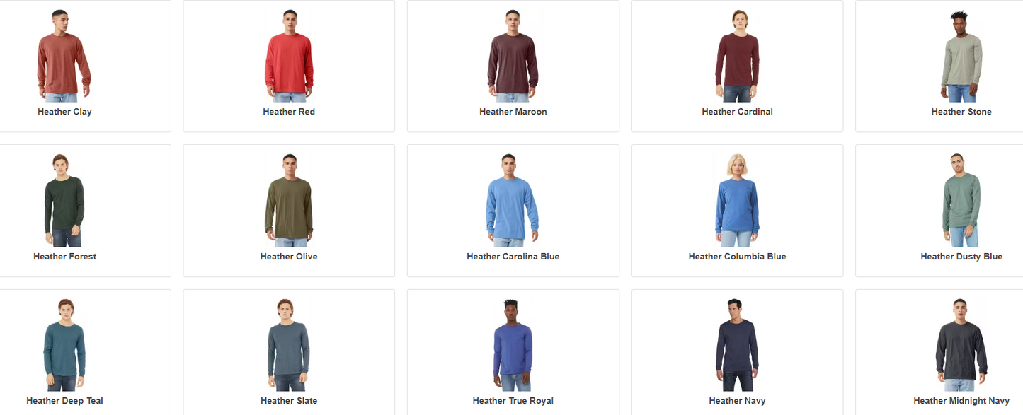 Adult Long Sleeve Tshirt Color Chart