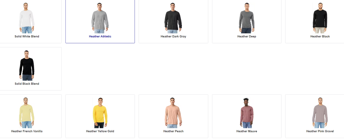 Adult Long Sleeve Tshirt Color Chart