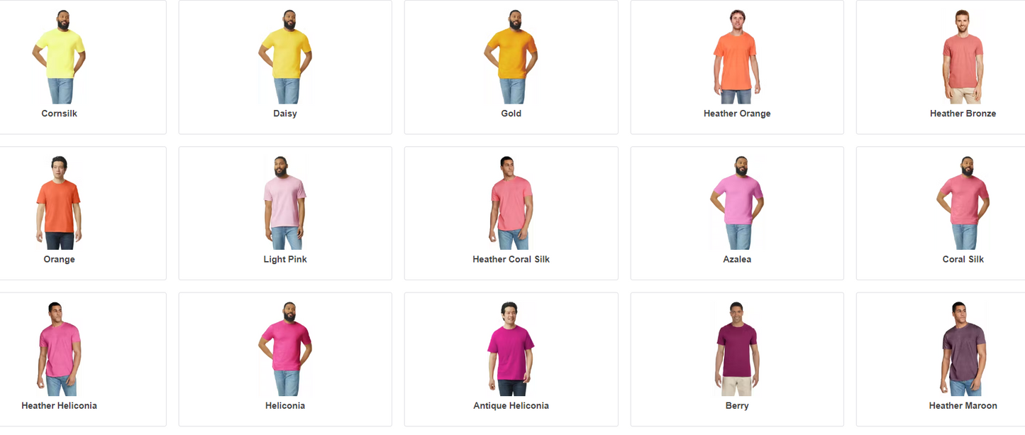 Adult Tshirt Color Chart